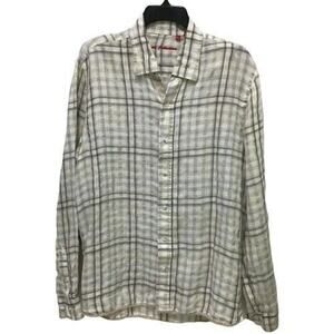 Men's Report Collection Linen Tan Plaid Button Front Long Sleeve Shirt, Large.